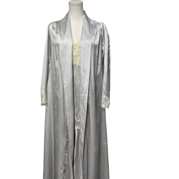 Vintage Christian Dior Lingerie Robe Slip Set Womens Silver Striped Lace USA 80s